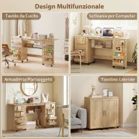 HOMCOM Tavolo Cucito Pieghevole con Ruote, 4 Contenitori, 20 Perni, Ripiano, Quercia(m-6)
