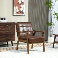 HOMCOM Fauteuil de salon, fauteuil de chambre en cuir synthétique, dossier capitonné, pieds en bois massif, 64x73x81cm, marron(m-2)