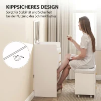 HOMCOM 3-in-1-Schminktisch mit Spiegel, Nachttisch, Rollhocker, Schubladen, Weiß(m-7)