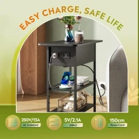 WLIVE Side Table with Charging Station, 3-Tier End Table with Drawer and Flip Top, Comes with USB Ports and Outlets for Living Room and Bedroom, Black(m-5)