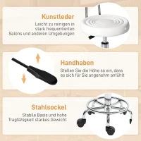 HOMCOM Stołek na kółkach, obrotowy i regulowany, z oparciem, tapicerka z ekoskóry, podnóżek, do stanowisk fryzjerskich, Biały(m-6)