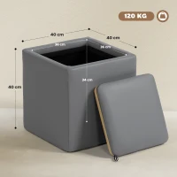 HOMCOM Sitzhocker mit Stauraum Hocker mit Deckel, Quadratischer Fußhocker Sitzwürfel Kunstleder 40 x 40 x 40 cm Grau(m-3)