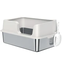 PawHut Arenero para Gatos de Acero Inoxidable XL Caja de Arena para Gatos Grandes Arenero con Borde Alto Pala Gris Claro(m-11)