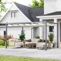Outsunny Pergola per Giardino Retrattile 4x3 m con Luci LED e Fori di Drenaggio, in Alluminio e Poliestere, Bianco Crema(m-10)