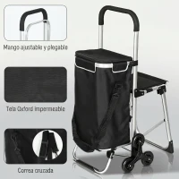 HOMCOM Carrito Escalador 3 Ruedas Bolsa Oxford 40 L Armazón de Aluminio con Asiento Plegable Negro(m-8)
