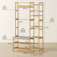 HOMCOM Garderobenständer mit Schuhregal, Kleiderhaken, Mantelständer, Sitzbank mit Kissen, für Flur, Eingangsbereich, Naturholz(m-3)