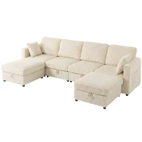 HOMCOM Modulares U-Sofa 4-Sitzer mit 2 Aufbewahrungs-Poufs in Cordvelours, 4 Kissen, Creme(m-6)
