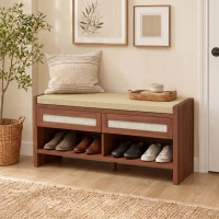HOMCOM Boho Shoe Bench with 2 Rattan Drawers, Shoe Storage Bench with Cushioned Seat and Open Shelf Brown(m-2)
