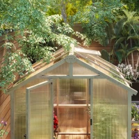 Outsunny 6.6 x 6ft Polycarbonate Greenhouse, Walk-in Wooden Greenhouse with Lockable Door and Window, Garden Plants Grow House, Brown(m-9)