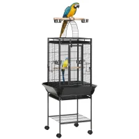 PawHut Jaula para Pájaros Jaula para Loros con Ruedas Perchas Comederos Estante Puente Arqueado y Bandejas Extraíbles Pajarera para Cacatúa Ninfa Cacatúas Cotorras 62,5x62,5x156 cm Gris(m-1)