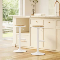 HOMCOM Barhocker 2er Set, Höhenverstellbar 360° Drehbar Barstuhl mit Stahlgestell Fußstütze 38,5x38,5x60-80 cm Naturholz+Weiß(m-8)