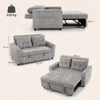 HOMCOM 2-Sitzer Sofabett, Cordbezug, zum Schlafsofa umwandelbar, 2 Kissen, Seitentaschen, 157 x 190 cm, Hellgrau(m-3)