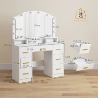 HOMCOM Schminktisch mit 10 LED-Hollywood-Lampen, Spiegel, 7 Schubladen, 3 Fächer, MDF, Weiß(m-3)