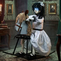 HOMCOM Animated Halloween Girl Riding Horse, Halloween Animatronics with Creepy Rhymes, Glowing Eyes, Sound/Touch Activated(m-9)