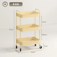 HOMCOM Carrito Auxiliar con Ruedas de 3 Niveles Carrito de Cocina con 3 Cestas y 2 Asas 45x30,6x79 cm Amarillo(m-3)