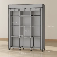 HOMCOM Schrank aus Stoff, Aufbewahrungslösung, 8 Regale, 2 Kleiderstangen, Grau(m-3)