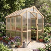 Outsunny 6.6 x 6ft Polycarbonate Greenhouse, Walk-in Wooden Greenhouse with Lockable Door and Window, Garden Plants Grow House, Brown(m-12)