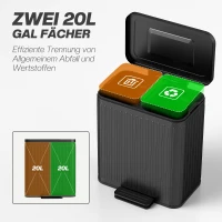 HOMCOM Küchenmülleimer, 2 x 20 L-Fächer, effiziente Mülltrennung, Fußpedal, Kunststoff, Metall, Schwarz(m-4)