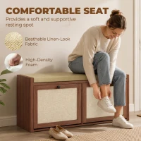 HOMCOM Rattan Shoe Bench with Padded Cushion and 2 Cabinets for Hidden Storage, Brown(m-7)