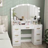 HOMCOM Schminktisch mit 10 LED-Hollywood-Lampen, Spiegel, 7 Schubladen, 3 Fächer, MDF, Weiß(m-10)