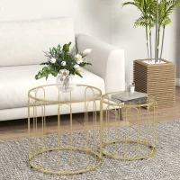 HOMCOM 2er-Set Glastische, ineinander verschiebbar, Glasplatten, Metallgestell, Goldfarben(m-10)