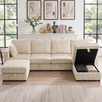 HOMCOM Modulares U-Sofa 4-Sitzer mit 2 Aufbewahrungs-Poufs in Cordvelours, 4 Kissen, Creme(m-2)