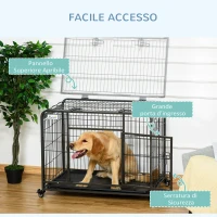 PawHut Kennel per Cani Pieghevole a Doppia Porta con Blocco, 4 Ruote con Freno e Fondo Rimovibile, 94x58x69.5 cm, Grigio(m-5)