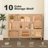 HOMCOM 10-Cube Bookcase, 3-Tier Book Shelf with Solid Wood Legs, 140 cm Modern Bookshelf with Anti-Tip Kit for Bedroom, White(m-4)