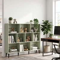 HOMCOM 10-Cube Bookcase, 3-Tier Book Shelf with Solid Wood Legs, 140 cm Modern Bookshelf with Anti-Tip Kit, Light Green(m-14)