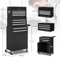 HOMCOM 3-in-1 Werkzeugkiste, Werkzeugschrank mit 4 Rädern, verschließbarer Werkzeugkasten mit 9 Schubladen, Stahl, Schwarz(m-3)
