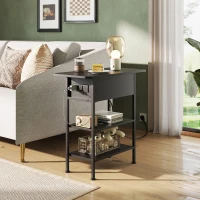 WLIVE Side Table with Charging Station, 3-Tier End Table with Drawer and Flip Top, Comes with USB Ports and Outlets for Living Room and Bedroom, Black(m-1)