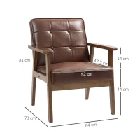 HOMCOM Fauteuil de salon, fauteuil de chambre en cuir synthétique, dossier capitonné, pieds en bois massif, 64x73x81cm, marron(m-3)