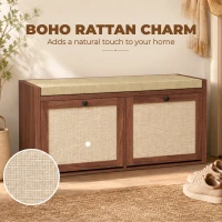 HOMCOM Rattan Shoe Bench with Padded Cushion and 2 Cabinets for Hidden Storage, Brown(m-4)