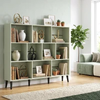 HOMCOM 10-Cube Bookcase, 3-Tier Book Shelf with Solid Wood Legs, 140 cm Modern Bookshelf with Anti-Tip Kit, Light Green(m-2)