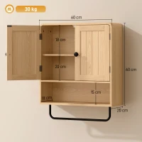 HOMCOM Armário mural de casa de banho, móvel de arrumação suspenso com 2 portas, prateleira aberta, porta-toalhas, chêne(m-3)