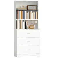 HOMCOM Bücherschrank Hochschrank Vitrinenschrank mit 3 Schubladen, 3 offen Regalen, für Wohnzimmer Küche, 79x39,5x180 cm, Weiß(m-12)