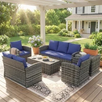 Outsunny 6 Pieces Rattan Garden Furniture Set, 7 Seater Wicker Outdoor Furniture Set with Storage Tea Table & Side Table, Sectional Garden Sofa Set with Cushions, Navy Blue(m-2)