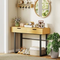 HOMCOM Konsolentisch Schmaler Flurtisch mit 2 Schubladen, Metallrahmen, für Flur 110 x 35 x 76,5 cm Natur(m-2)