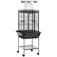 PawHut 156cm Bird Cage,Large Parrot Cage with Open Play Top, Perch, Seed Guard, Wheels, Storage Shelf, Dark Grey(m-1)
