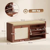 HOMCOM Rattan Shoe Bench with Padded Cushion and 2 Cabinets for Hidden Storage, Brown(m-3)