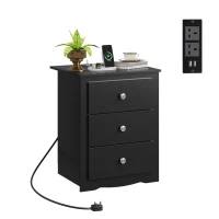 WLIVE 3-Drawer Wooden Bedside Table with Charging Station, USB Ports & Plug Sockets, Nightstand with Storage for Bedroom, Living Room, Office (1, Black)(m-2)