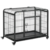 PawHut Kennel per Cani Pieghevole a Doppia Porta con Blocco, 4 Ruote con Freno e Fondo Rimovibile, 94x58x69.5 cm, Grigio(m-10)