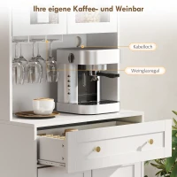 HOMCOM Küchenschrank mit Arbeitsfläche, Weinglashalter, Vorratsschrank für Küche, Esszimmer, 170 cm, MDF, Glas, Weiß(m-5)