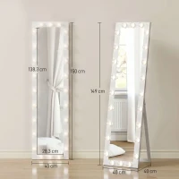 HOMCOM Ganzkörperspiegel 150x40 cm LED Spiegel mit 24 Glühbirnen 3 Lichtfarbe, freistehend oder anlehnbar Weiß(m-3)