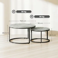 HOMCOM Modernes Kaffeetisch 2er-Set, Stapelbare Beistelltische mit Metallgestell für Wohnzimmer, Schlafzimmer, Büro, Grau(m-3)