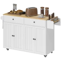 HOMCOM Rollbare Kücheninsel, 2 Schubladen, 2 Schränke, verschiebbar, Gewürzregal, Handtuchhalter, Messerhalter, MDF, Weiß(m-12)