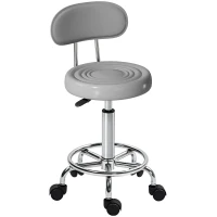 HOMCOM Rollhocker, Drehbarer und verstellbarer Hocker mit Rückenlehne, Kunstlederbezug, Fußstütze, für Frisiertische, Grau(m-1)