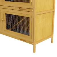 PawHut Conigliera a 2 Livelli in Legno di Abete e Bitume con Rampa, 2 Vassoi Estraibili 4 Porte, 97x44x91 cm, Giallo(m-9)