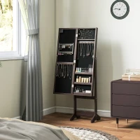 HOMCOM Dulap pentru bijuterii, dulap de depozitare pe picior, cutie pentru bijuterii cu oglindă, multiple spații de depozitare, iluminare LED, maro închis(m-4)
