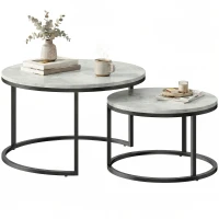 HOMCOM Modernes Kaffeetisch 2er-Set, Stapelbare Beistelltische mit Metallgestell für Wohnzimmer, Schlafzimmer, Büro, Grau(m-11)